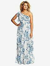 Front View Thumbnail - Cottage Rose Dusk Blue Draped One-Shoulder Maxi Dress with Scarf Bow