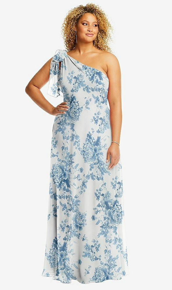 Front View - Cottage Rose Dusk Blue Draped One-Shoulder Maxi Dress with Scarf Bow