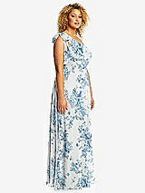 Side View Thumbnail - Cottage Rose Dusk Blue Draped One-Shoulder Maxi Dress with Scarf Bow