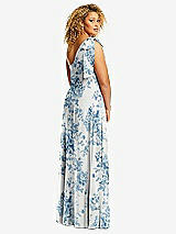 Rear View Thumbnail - Cottage Rose Dusk Blue Draped One-Shoulder Maxi Dress with Scarf Bow