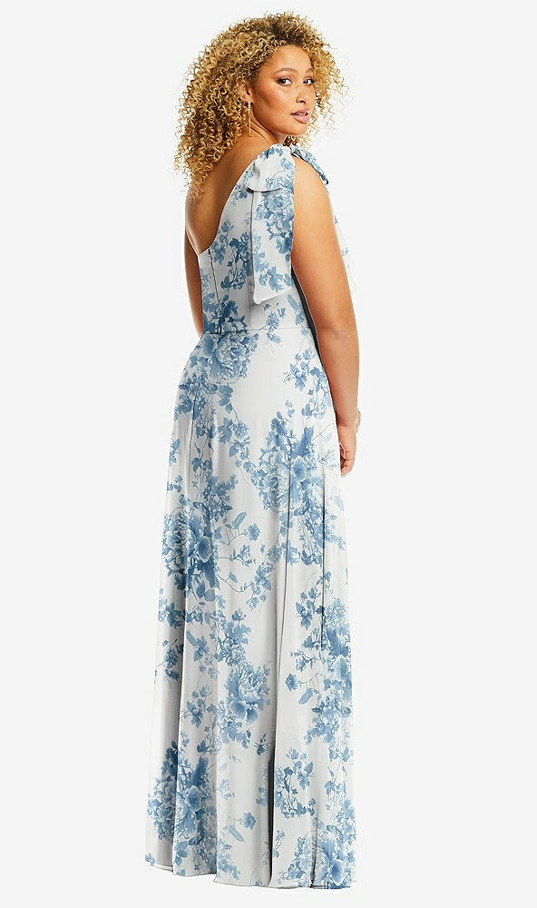 Back View - Cottage Rose Dusk Blue Draped One-Shoulder Maxi Dress with Scarf Bow