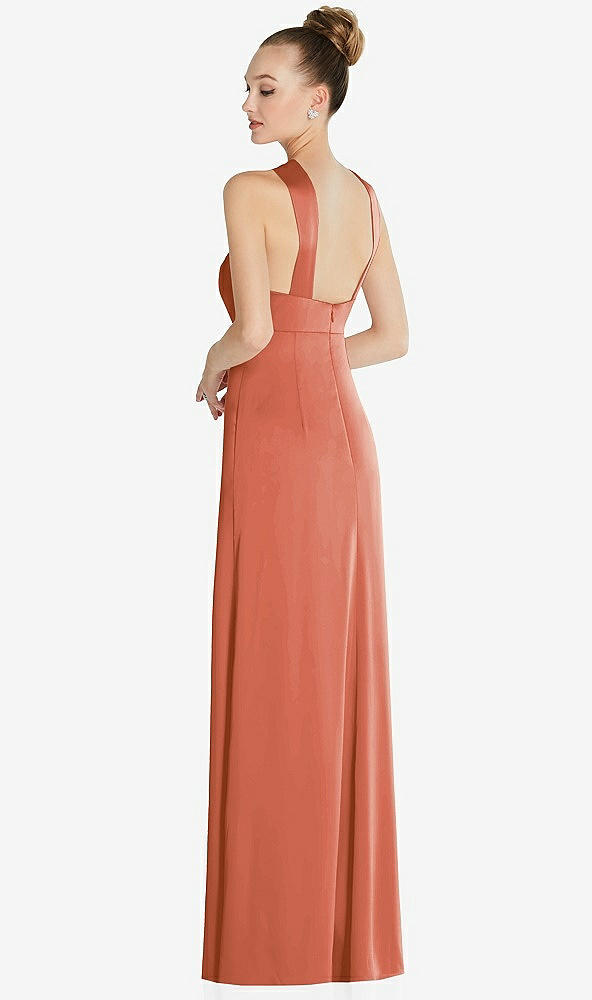 Back View - Terracotta Copper Draped Twist Halter Low-Back Satin Empire Dress