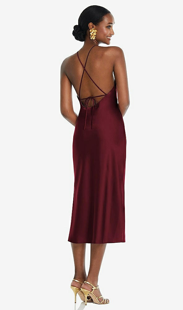 Back View - Cabernet Diamond Halter Bias Midi Slip Dress with Convertible Straps