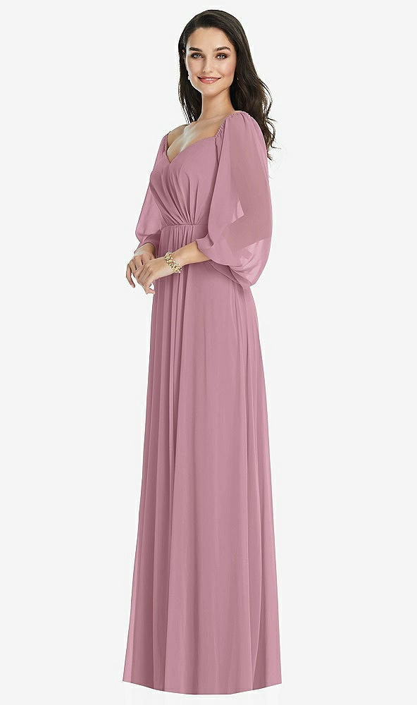 Front View - Dusty Pink Off-the-Shoulder Puff Sleeve Maxi Dress with Front Slit