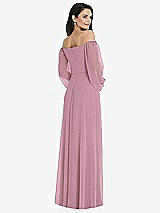 Rear View Thumbnail - Dusty Pink Off-the-Shoulder Puff Sleeve Maxi Dress with Front Slit