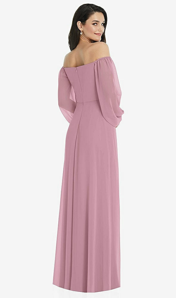 Back View - Dusty Pink Off-the-Shoulder Puff Sleeve Maxi Dress with Front Slit