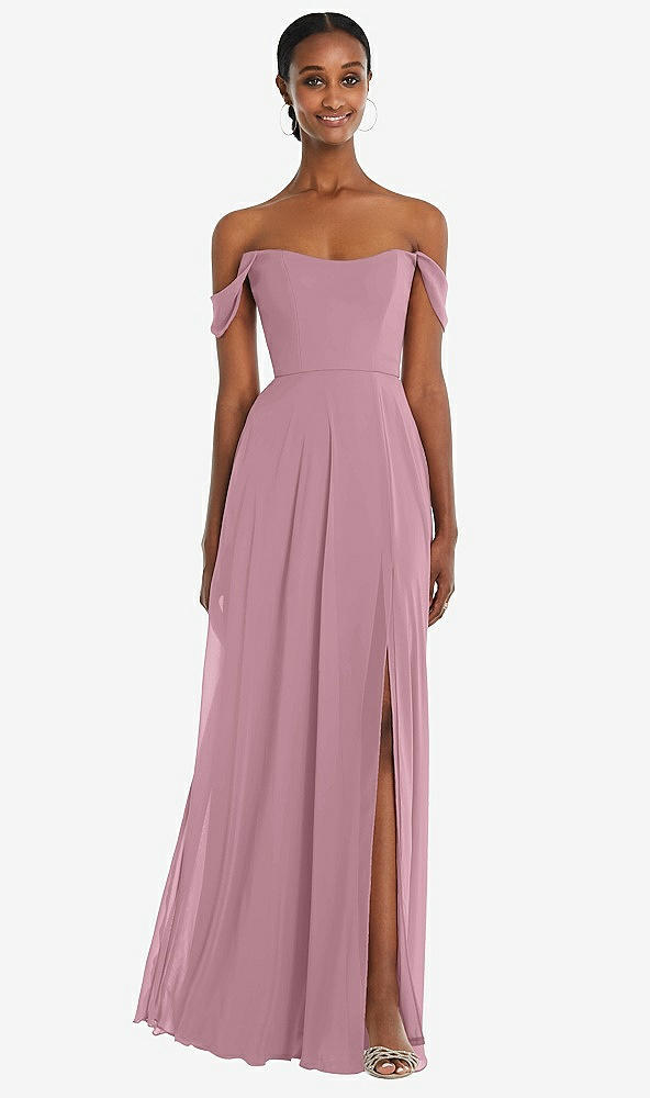 Front View - Dusty Pink Off-the-Shoulder Basque Neck Maxi Dress with Flounce Sleeves