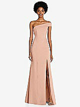 Front View Thumbnail - Pale Peach Asymmetrical Off-the-Shoulder Cuff Trumpet Gown With Front Slit
