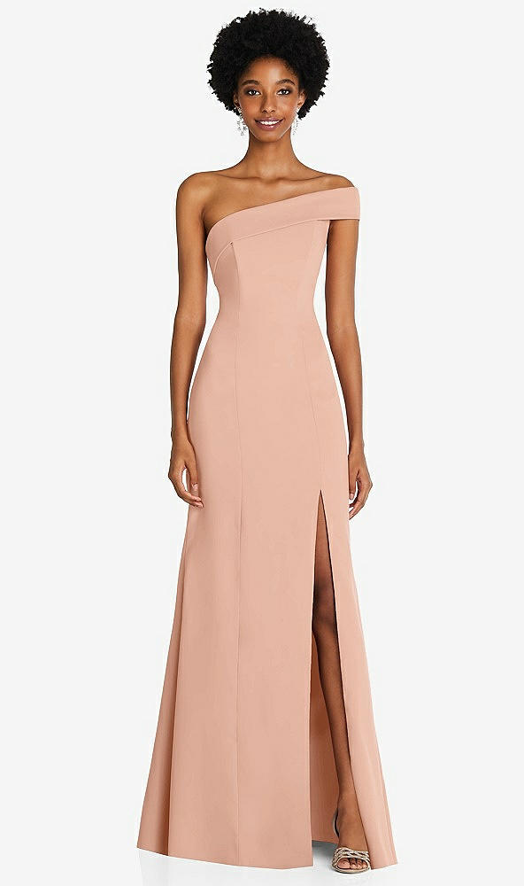 Front View - Pale Peach Asymmetrical Off-the-Shoulder Cuff Trumpet Gown With Front Slit
