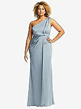 Front View Thumbnail - Mist One-Shoulder Draped Twist Empire Waist Trumpet Gown