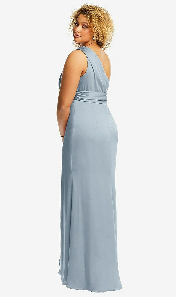 Back View - Mist One-Shoulder Draped Twist Empire Waist Trumpet Gown