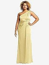Front View Thumbnail - Pale Yellow One-Shoulder Draped Twist Empire Waist Trumpet Gown