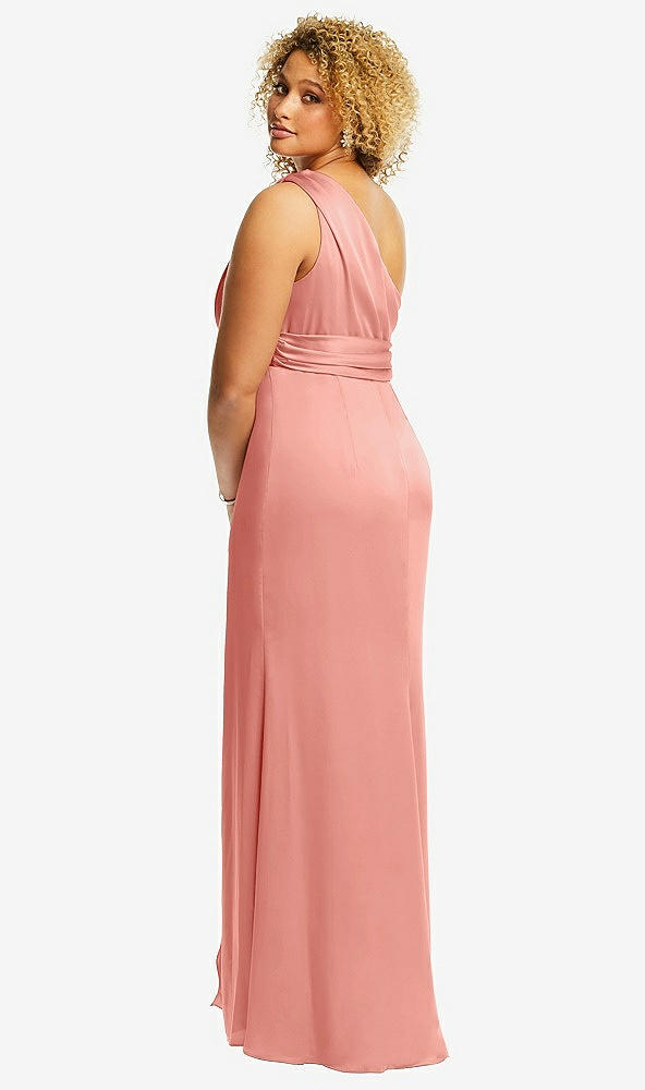 Back View - Rose One-Shoulder Draped Twist Empire Waist Trumpet Gown
