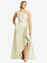 Front View Thumbnail - Butter Yellow One-Shoulder Satin Gown with Draped Front Slit and Pockets