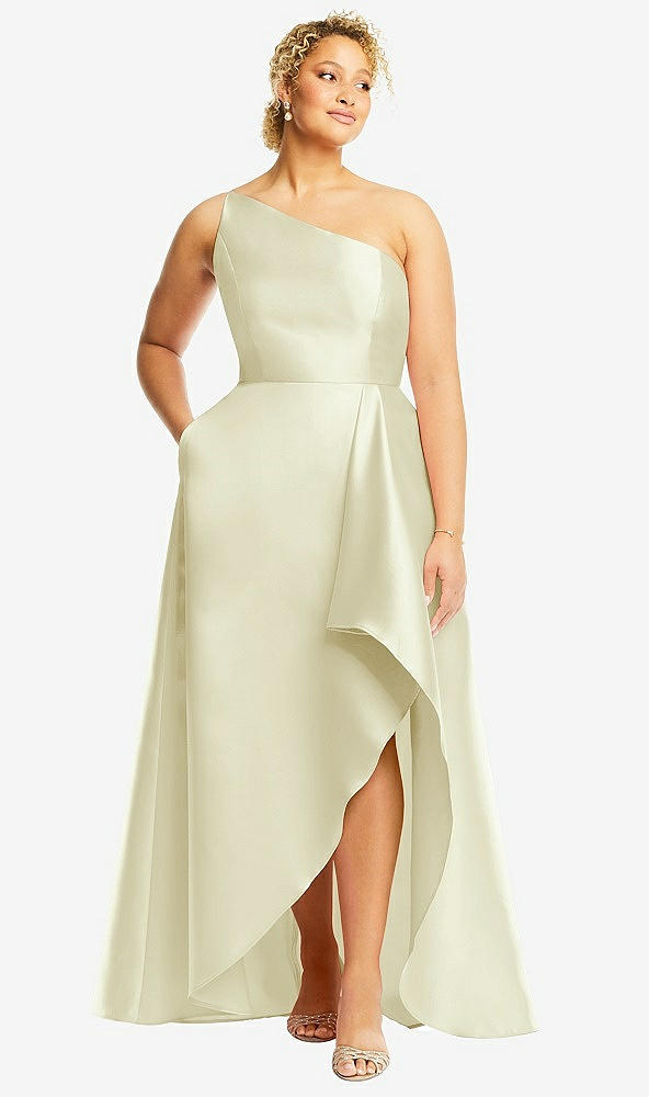 Front View - Butter Yellow One-Shoulder Satin Gown with Draped Front Slit and Pockets