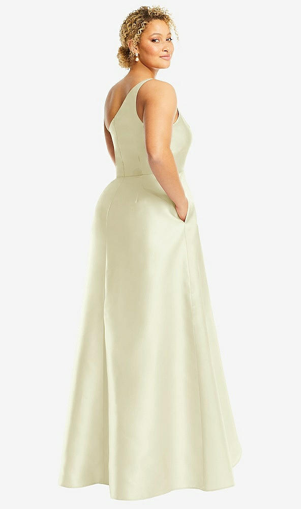 Back View - Butter Yellow One-Shoulder Satin Gown with Draped Front Slit and Pockets