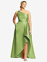 Front View Thumbnail - Mojito One-Shoulder Satin Gown with Draped Front Slit and Pockets
