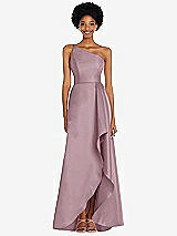 Alt View 1 Thumbnail - Dusty Rose One-Shoulder Satin Gown with Draped Front Slit and Pockets