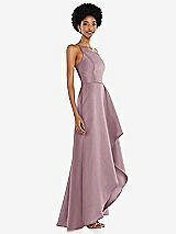 Alt View 2 Thumbnail - Dusty Rose One-Shoulder Satin Gown with Draped Front Slit and Pockets
