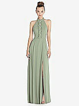 Front View Thumbnail - Sage Halter Backless Maxi Dress with Crystal Button Ruffle Placket