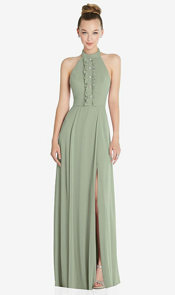 Front View - Sage Halter Backless Maxi Dress with Crystal Button Ruffle Placket