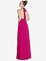 Rear View Thumbnail - Think Pink Halter Backless Maxi Dress with Crystal Button Ruffle Placket