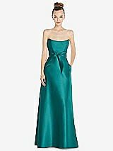 Front View Thumbnail - Jade Basque-Neck Strapless Satin Gown with Mini Sash