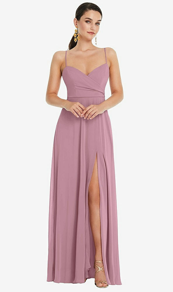 Front View - Dusty Pink Adjustable Strap Wrap Bodice Maxi Dress with Front Slit 