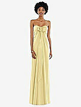 Front View Thumbnail - Pale Yellow Draped Satin Grecian Column Gown with Convertible Straps