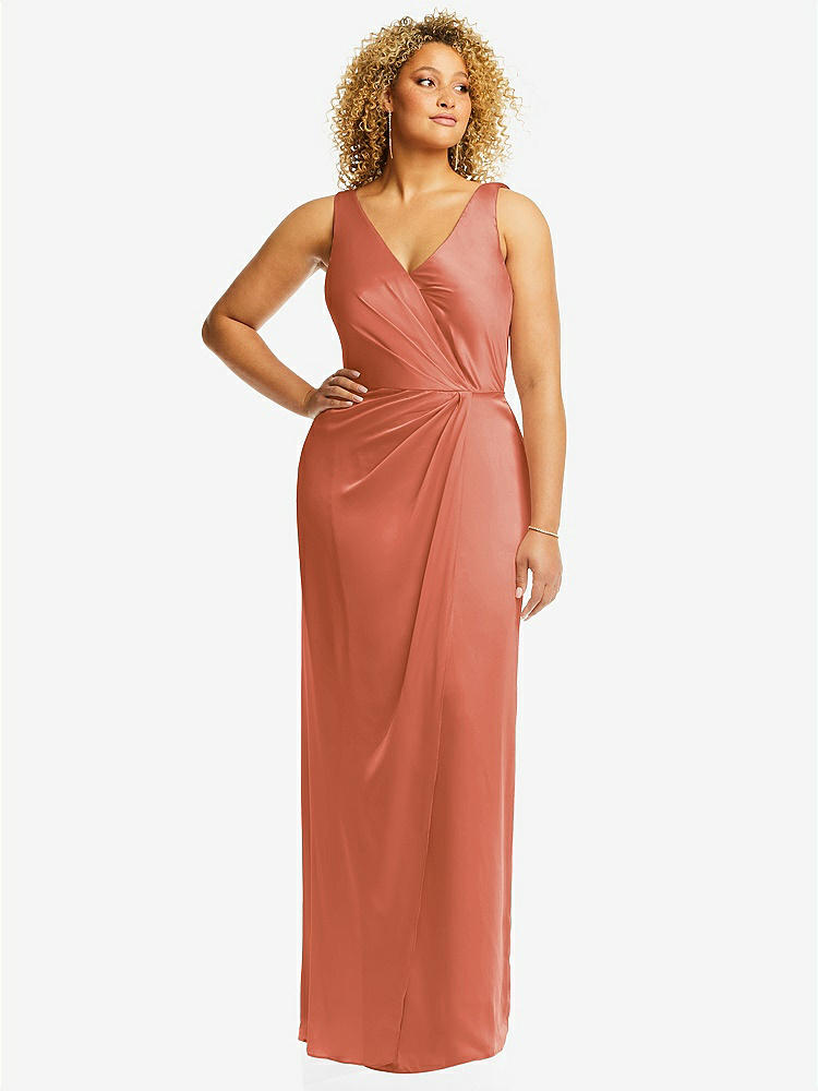 Asymmetric Bell Sleeve Wrap Maxi Bridesmaid Dress With Front Slit In  Terracotta Copper | The Dessy Group