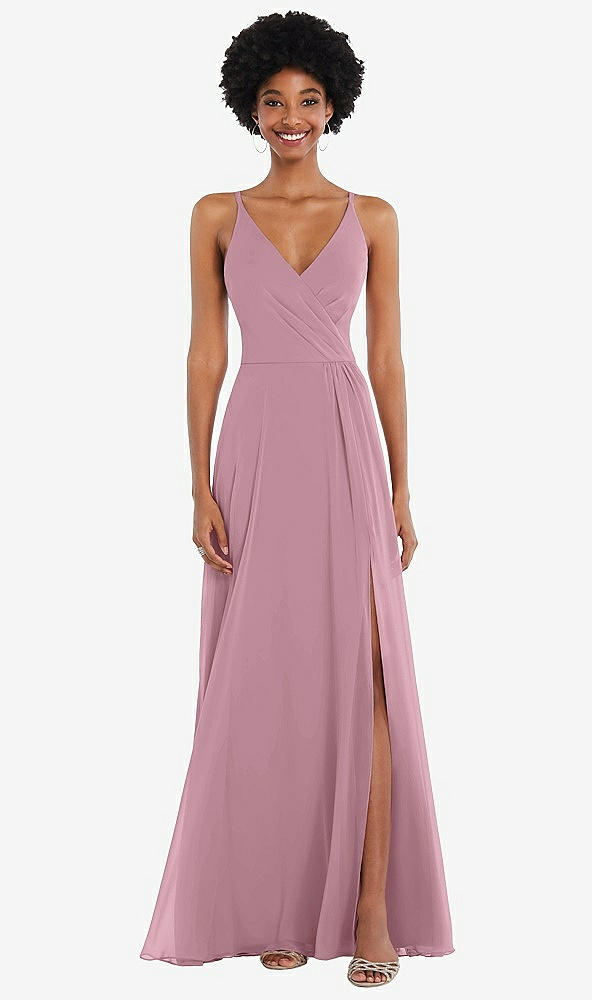 Front View - Dusty Pink Faux Wrap Criss Cross Back Maxi Dress with Adjustable Straps