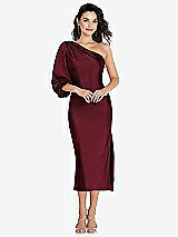 Front View Thumbnail - Cabernet One-Shoulder Puff Sleeve Midi Bias Dress with Side Slit