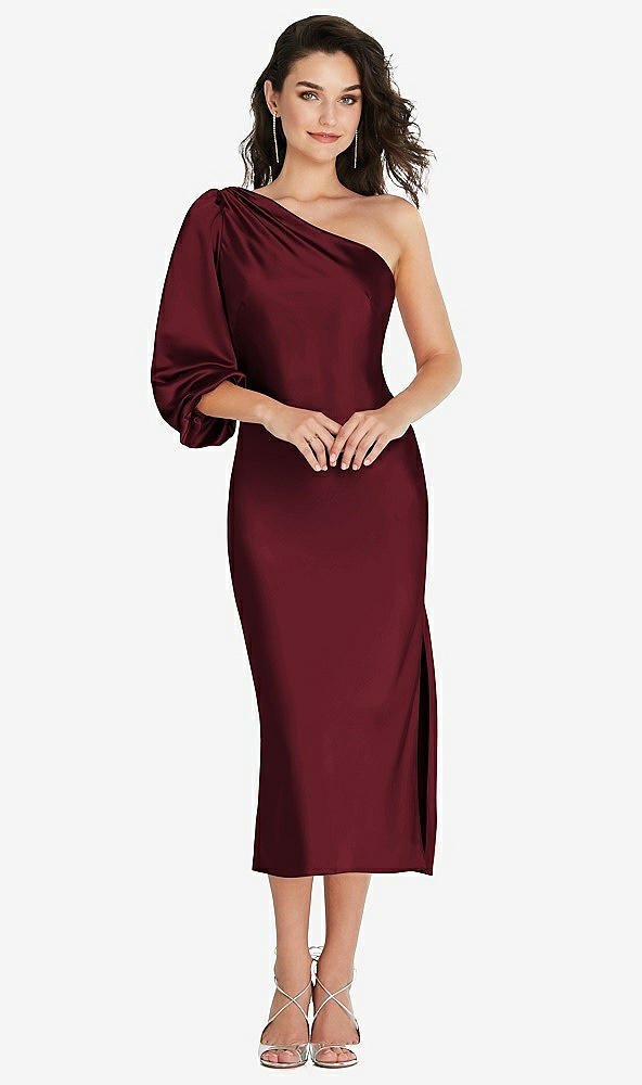 Front View - Cabernet One-Shoulder Puff Sleeve Midi Bias Dress with Side Slit