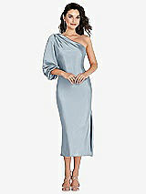 Front View Thumbnail - Mist One-Shoulder Puff Sleeve Midi Bias Dress with Side Slit