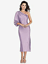 Front View Thumbnail - Pale Purple One-Shoulder Puff Sleeve Midi Bias Dress with Side Slit