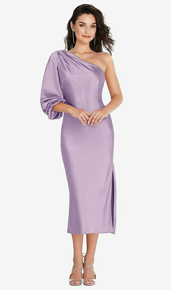 Front View - Pale Purple One-Shoulder Puff Sleeve Midi Bias Dress with Side Slit