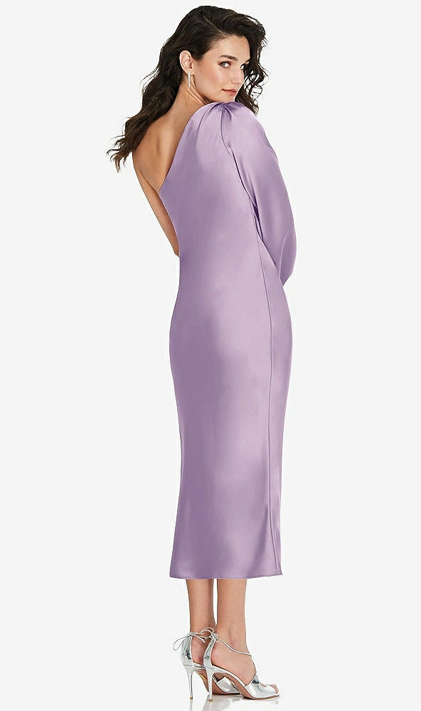 Back View - Pale Purple One-Shoulder Puff Sleeve Midi Bias Dress with Side Slit