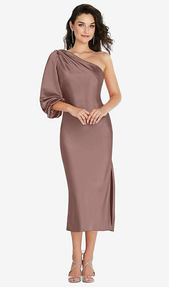 Front View - Sienna One-Shoulder Puff Sleeve Midi Bias Dress with Side Slit