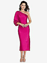 Front View Thumbnail - Think Pink One-Shoulder Puff Sleeve Midi Bias Dress with Side Slit