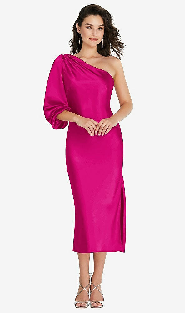 Front View - Think Pink One-Shoulder Puff Sleeve Midi Bias Dress with Side Slit