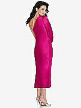 Rear View Thumbnail - Think Pink One-Shoulder Puff Sleeve Midi Bias Dress with Side Slit