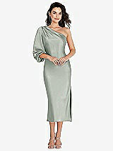 Front View Thumbnail - Willow Green One-Shoulder Puff Sleeve Midi Bias Dress with Side Slit