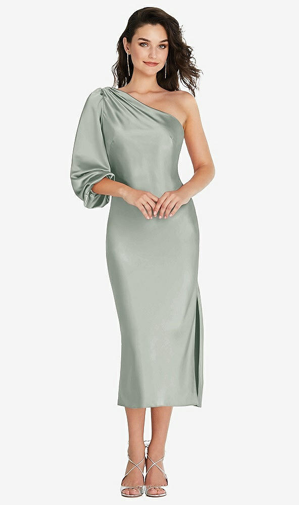 Front View - Willow Green One-Shoulder Puff Sleeve Midi Bias Dress with Side Slit