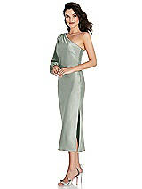 Side View Thumbnail - Willow Green One-Shoulder Puff Sleeve Midi Bias Dress with Side Slit