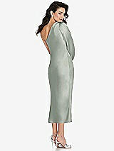 Rear View Thumbnail - Willow Green One-Shoulder Puff Sleeve Midi Bias Dress with Side Slit