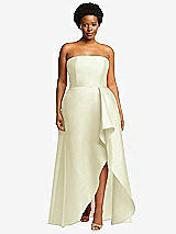 Front View Thumbnail - Butter Yellow Strapless Satin Gown with Draped Front Slit and Pockets