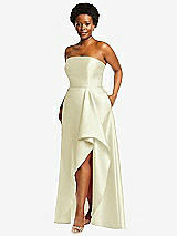 Side View Thumbnail - Butter Yellow Strapless Satin Gown with Draped Front Slit and Pockets