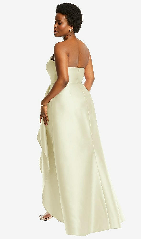 Back View - Butter Yellow Strapless Satin Gown with Draped Front Slit and Pockets