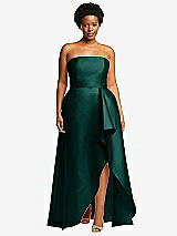 Front View Thumbnail - Evergreen Strapless Satin Gown with Draped Front Slit and Pockets