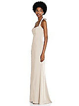 Side View Thumbnail - Oat Tie Halter Open Back Trumpet Gown 